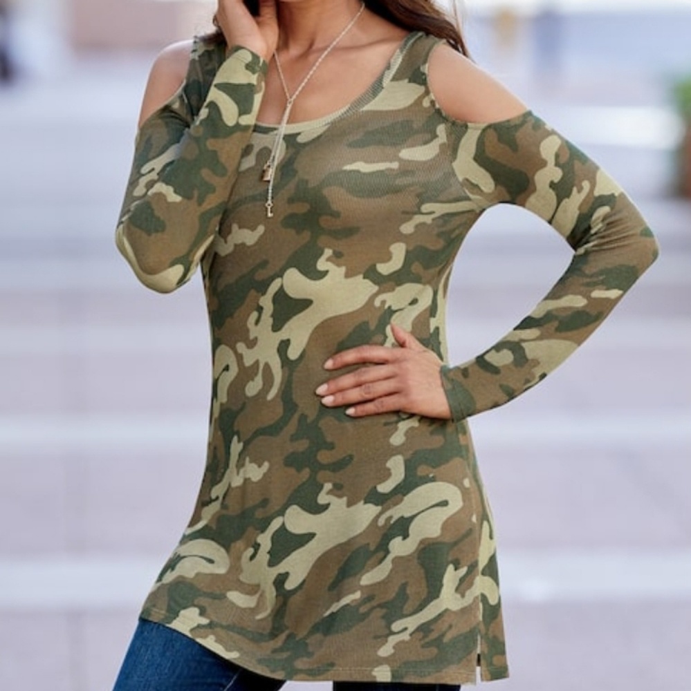 Camouflage cold shoulder tunic